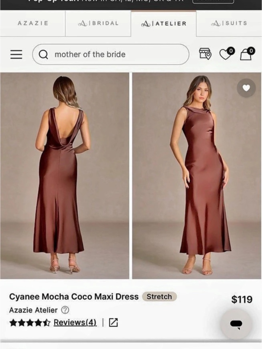 Azazie Cyanee Mocha Coco Maxi Dress Brown